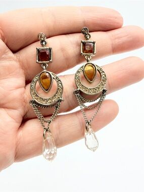 Vintage Amber Glass Drop Earrings Rhinestone Chain Dangle